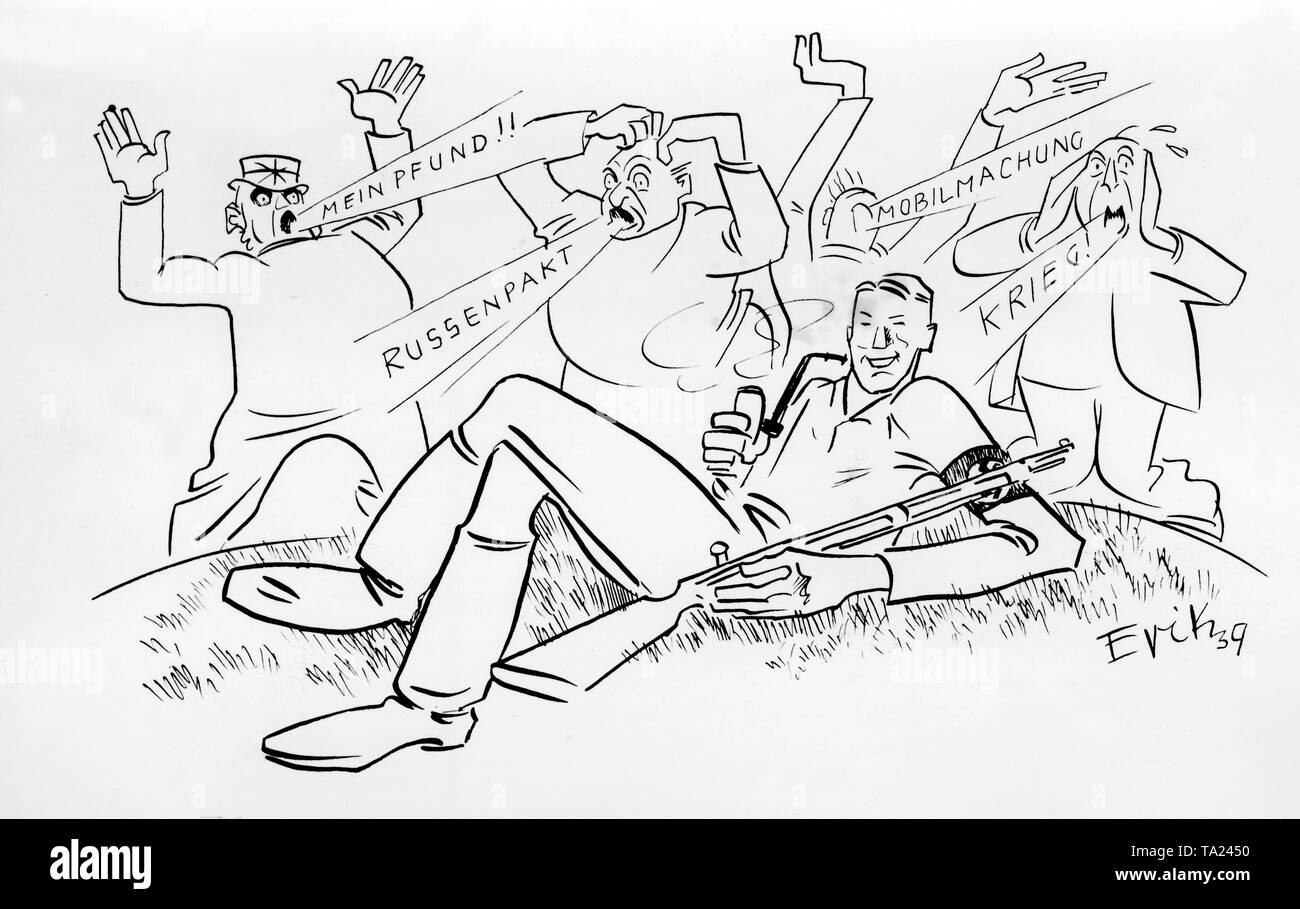 Diese Karikatur in der Presse am Abend vor dem Krieg erschienen ist. Es zeigt einen deutschen Soldaten, der ein Rohr in einer entspannten Weise raucht und beiläufig hält das Gewehr, während verschiedene Figuren, ihre Ängste in den Hintergrund ausrufen. Eine Abbildung, vermutlich Britischer, ruft aus 'Mein Pfund!" Eine andere: "Russische Pakt,', eine dritte 'Mobilization", und ein viertes "Krieg!". Artist: Erik Stockfoto