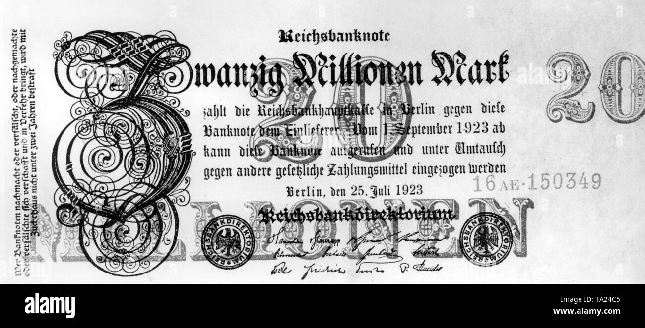 20 Millionen Reichsmark. Aufgrund der steigenden Inflation Banknoten mit astronomischen Geldwert ausgestellt werden. Stockfoto