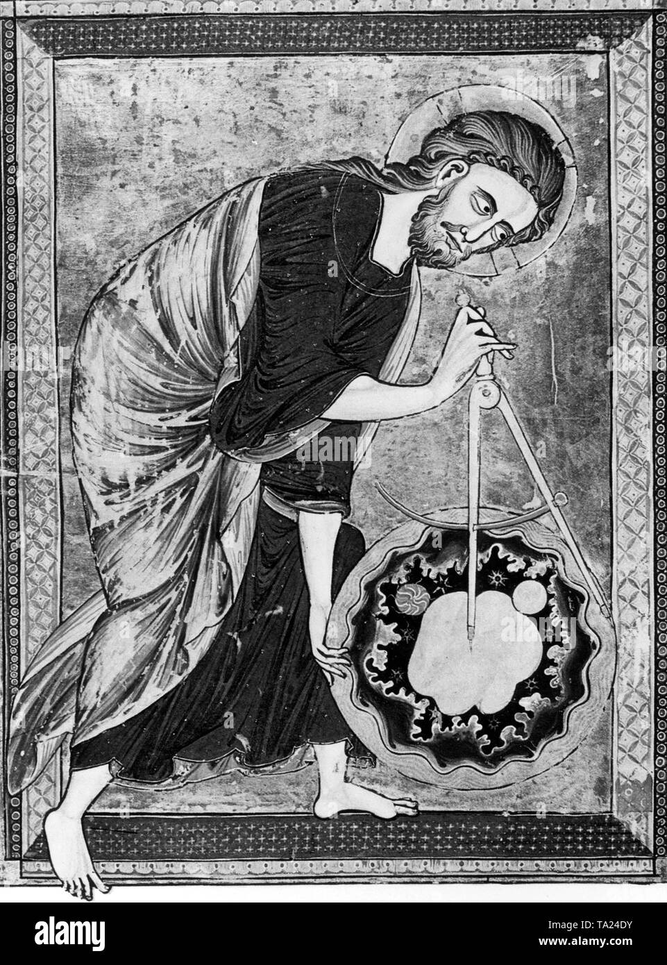 Gott schafft das Universum. Französische Manuskriptillumination aus dem 13. Jahrhundert. Stockfoto