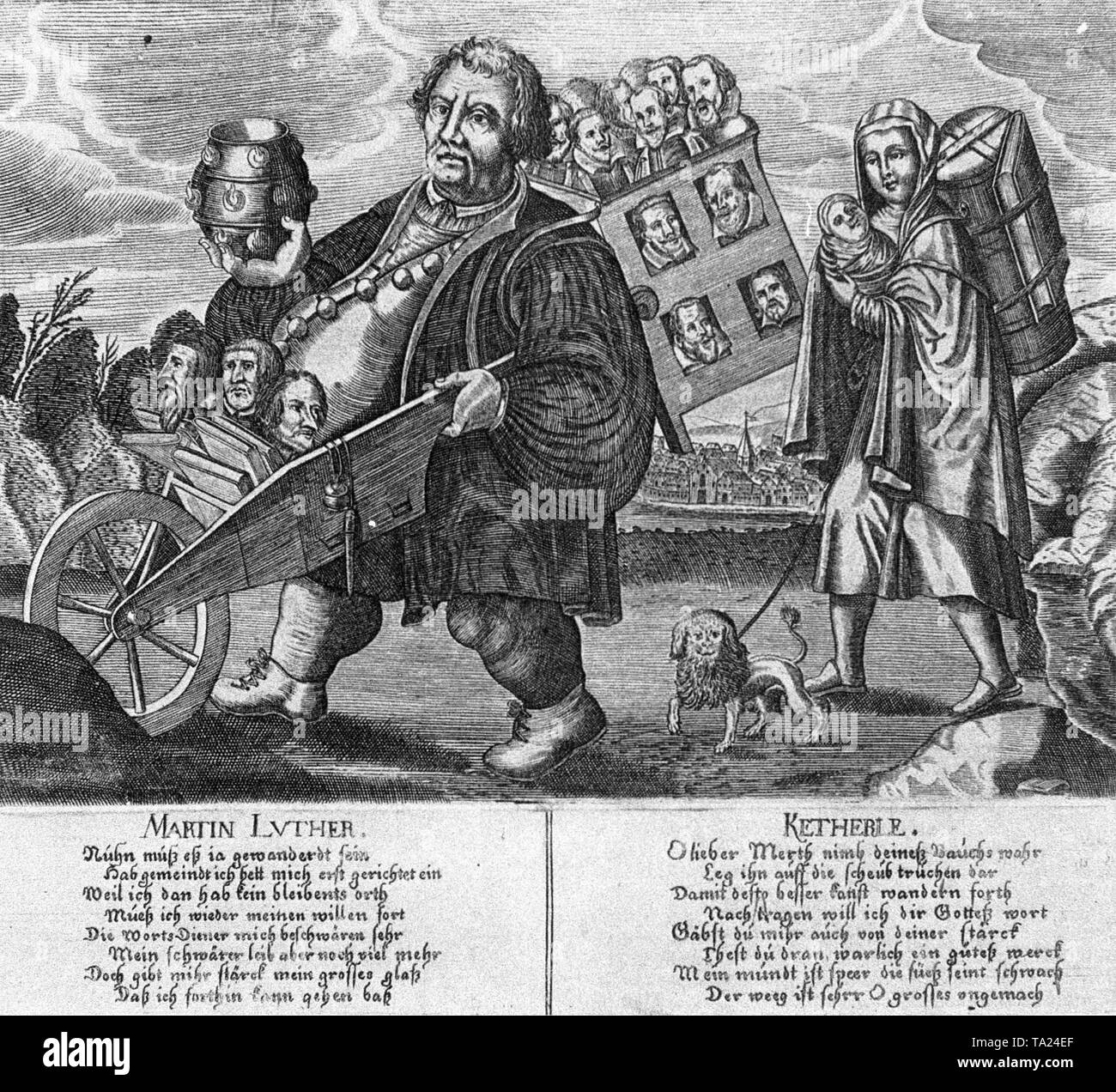 Die Karikatur von Martin Luther und seine Frau Katharina von Bora, die Niederlage des Protestantismus verhöhnt und der Vertreibung der evangelischen Prediger aus Böhmen nach der Schlacht auf dem Weißen Berg im Jahre 1620. Stockfoto
