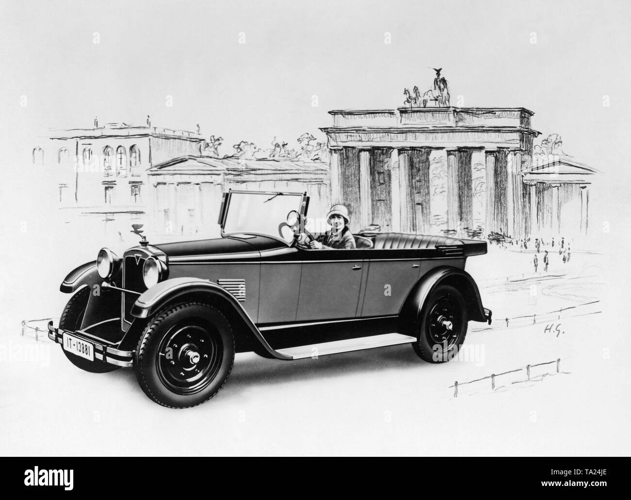 Zeichnung eines Adler Standard 12/50 PS Cabrio vor dem Brandenburger Tor in Berlin. Stockfoto