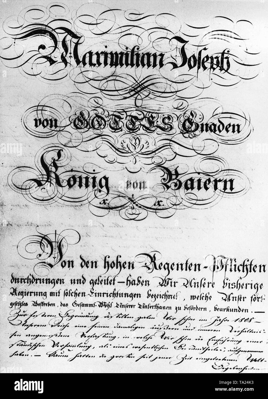 Zertifikat der Bayerischen Verfassung vom 26. 1818. Stockfoto