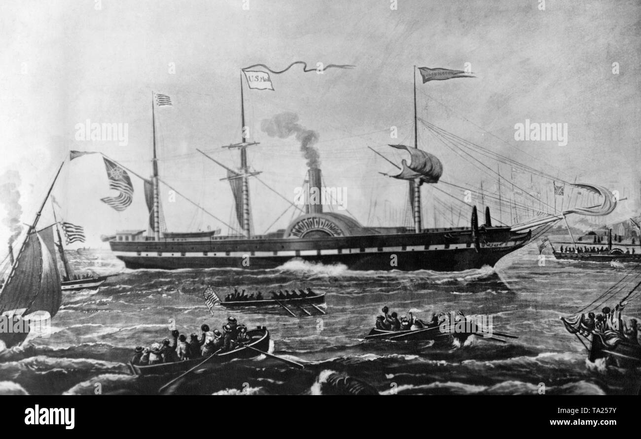 Der Raddampfer "Washington", gegründet 1864, war der erste reguläre mail Boot Verbindung zwischen den USA und Europa. Die 'Washington' serviert die Route Neue York-Bremerhaven. Stockfoto