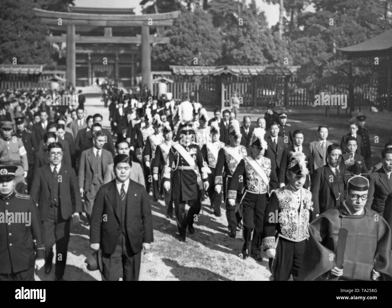Eine Gruppe von Ministern und anderen hochrangigen japanischen Beamten, geführt von einem Priester, der Meiji-schrein in Tokyo nach dort halten eine Zeremonie. Stockfoto