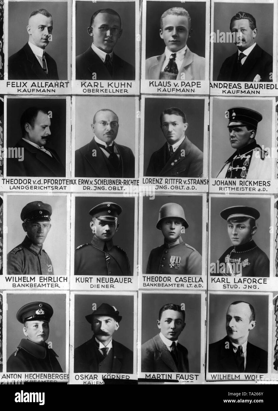 Sammlung von Portraits der Opfer der Hitler Putsch. Von links nach rechts: (erste Zeile) Felix Allfahrt, Kaufmann, Karl Kuhn, ein Oberkellner, Klaus von Pape, Kaufmann, Andreas Bauriedl, Kaufmann, (zweite Zeile) Theodor von den Pfordten, Amtsgericht Ratsmitglied, Max Erwin von Scheubner-Richter, Dr. Ing. oblt., Lorenz Ritter von Stransky-Griffenfeld, Johann Rickmers, ehemaliger Kapitän der Kavallerie, (dritte Zeile), Wilhelm Ehrlich, Bankkaufmann, Kurt Neubauer, Diener, Theodor Casella, Bankkaufmann und ehemaliger Leutnant, Karl Laforce, Stud. Ing. (4. Zeile), Anton Hechenberger, Bankkaufmann, Oskar Koerner, ein Stockfoto