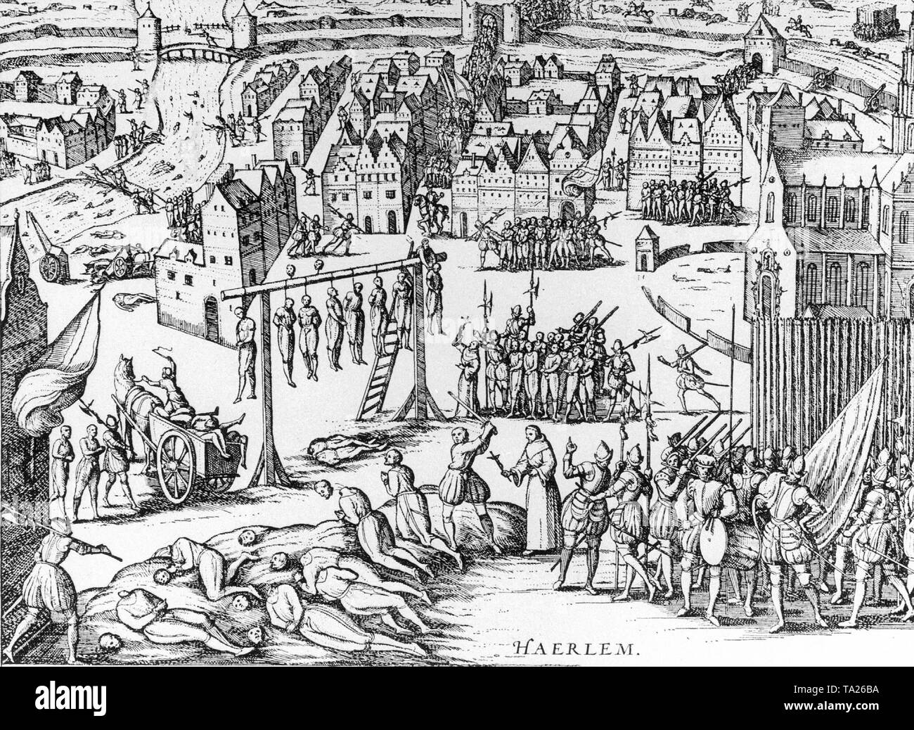 Nachdem die Stadt von Harlem im Jahre 1573 aufgegeben hatte, um die Truppen des spanischen Herzog von Alba, die Spanier eine große Anzahl der Bewohner - die Frauen hing getötet wurden, die Männer durch das Schwert enthauptet. Unter den Männern, einem katholischen Priester. Stockfoto