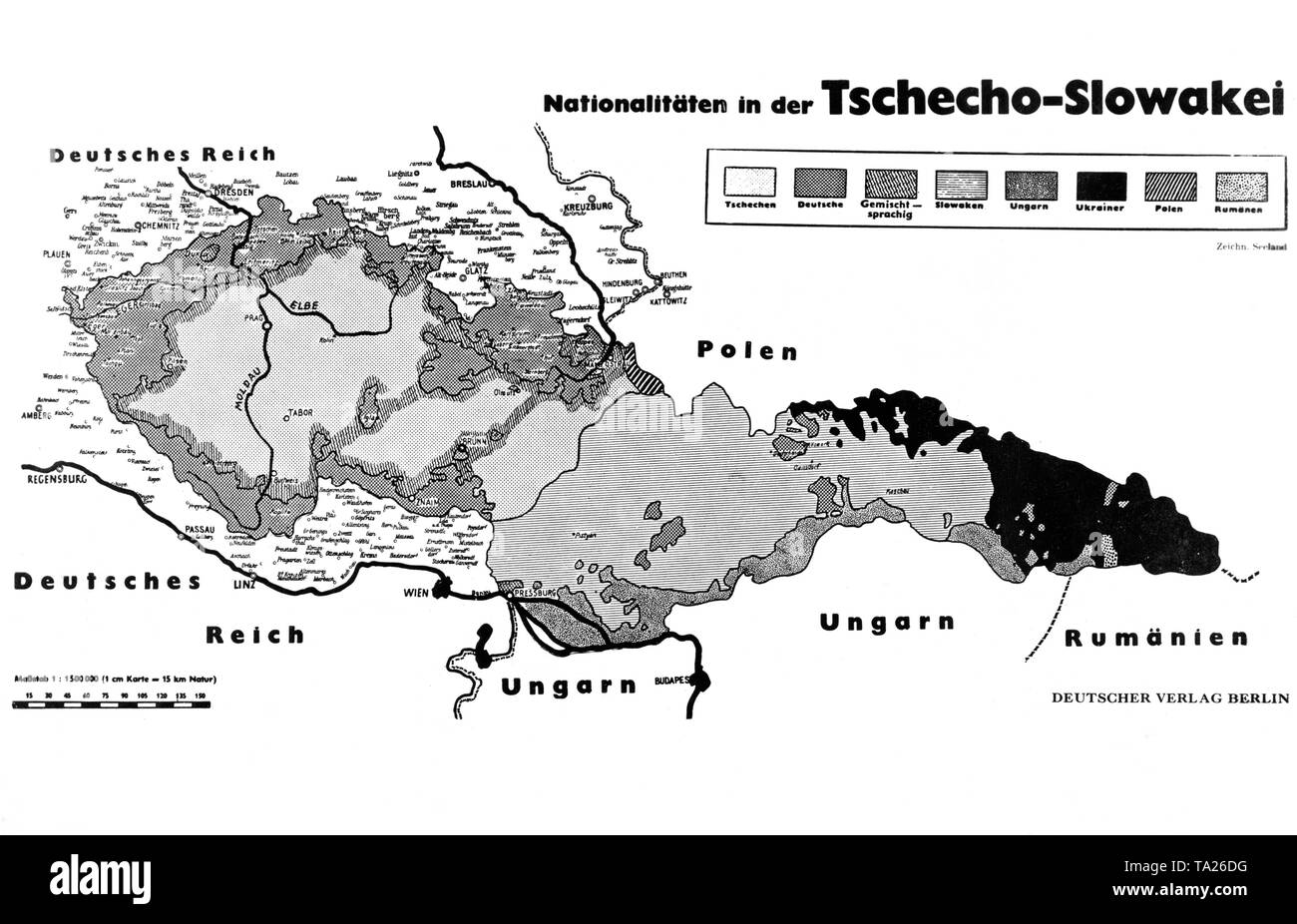 Eine Karte der Verteilung der Nationalitäten in der Tschechoslowakei 