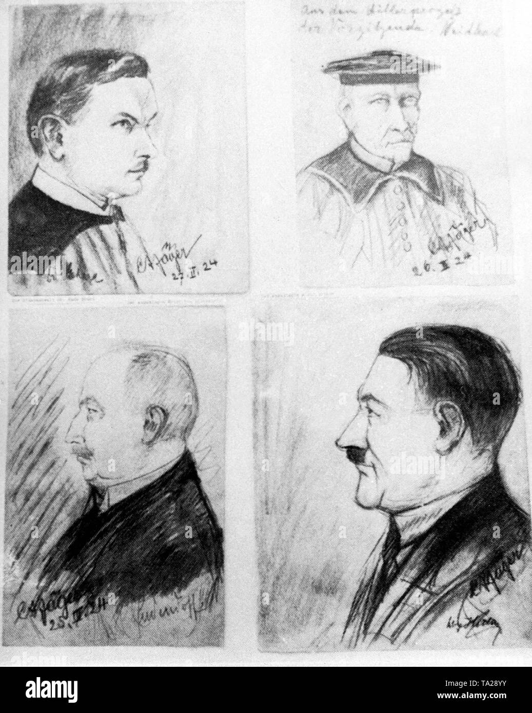 Prozess gegen Adolf Hitler, der mit Hochverrat wegen seinem putschversuch im November 1923 aufgeladen wurde. Zeichnung mit den wichtigsten Teilnehmern: der Rechtsanwalt und Staatsanwalt Hans Ehard (oben links), Vorsitzender des Gerichts, State Court Direktor Georg Neithardt (oben rechts), den angeklagten General Erich Ludendorff (links unten) und Adolf Hitler (unten rechts). Stockfoto