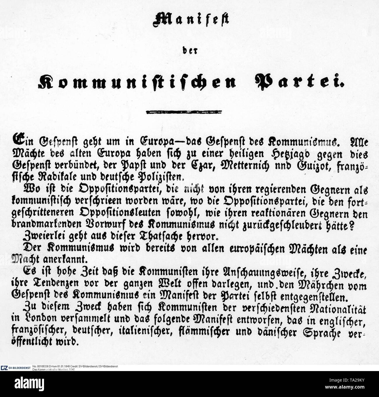 Die erste Seite des Kommunistischen Manifests von Karl Marx und Friedrich Engels aus dem Jahr 1848 Stockfoto