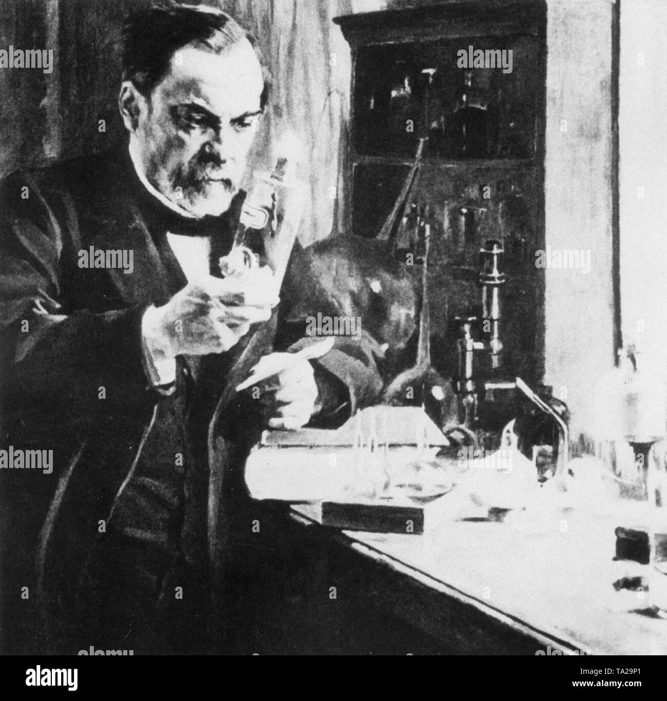 Französischer Chemiker und Mikrobiologe Louis Pasteur in seinem Labor experimentieren Stockfoto