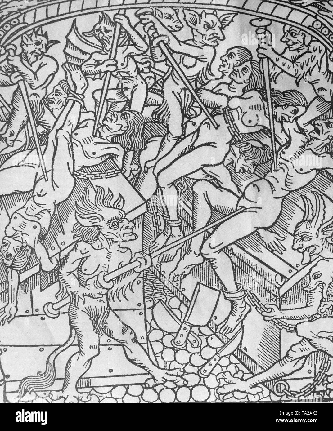 Teufel in der Hölle. Ein holzschnitt aus dem 16. Jahrhundert. Stockfoto