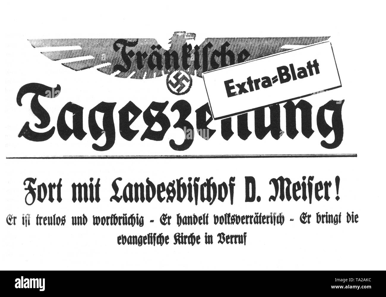 Sonderausgabe der Fränkischen Zeitung vom September 1934. Die Zeitung der Nationalsozialistischen Deutschen Arbeiterpartei ist gegen Landesbischof Meiser (Leiter der regionalen Kirche in Deutschland) Stockfoto