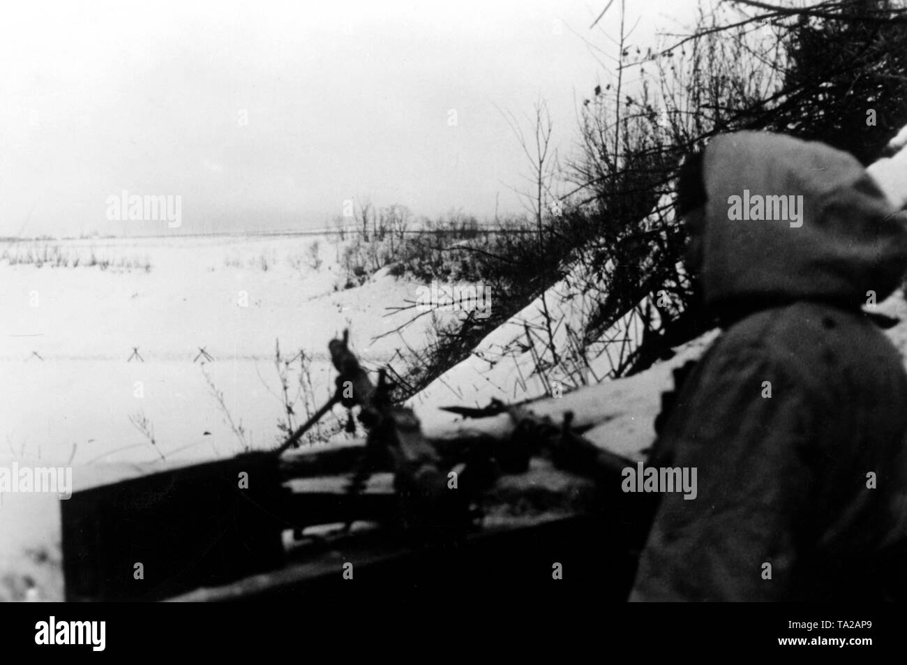 Ein deutscher Soldat bewaffnet mit einem Maschinengewehr (Machine Gun) beobachtet eine der unzähligen Ebenen am nördlichen Sektor der Ostfront. Foto der Propaganda Firma (PK): kriegsberichterstatter Elle. Stockfoto