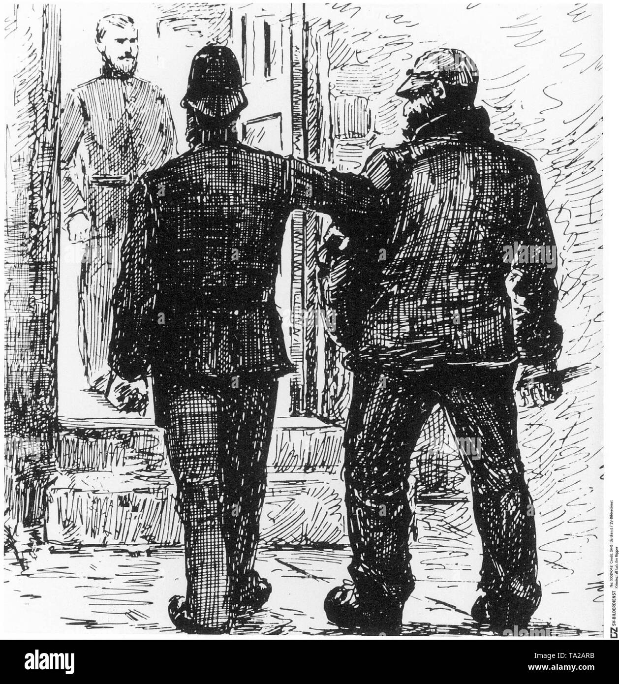 Zwischen 1888 und 1893 Menschen, die mit einem Messer in der Hand in der Londoner Unterwelt angetroffen wurden, wurden sofort als Mord festgenommen. Die Jagd nach Jack the Ripper die Polizei nervös, da sie unter dem starken Druck der Öffentlichkeit aufgrund ihrer Fehler gemacht hatte. Hier ein Verdächtiger ist zu einer Polizeistation in Whitechapel. Stockfoto