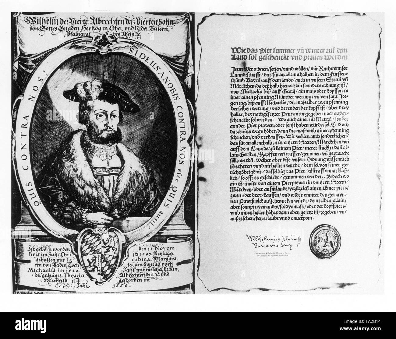 Das Reinheitsgebot ist die älteste lebensmittelrechtliche Gesetz, es wurde von Herzog Wilhelm IV. von Bayern erstellt. Nach dem Gesetz in Ingolstadt im Jahre 1516 St. Georgi Tag angenommen, drei Zutaten: Wasser, Malz und Hopfen - konnte für das Brauen von Bier benutzt werden. Stockfoto