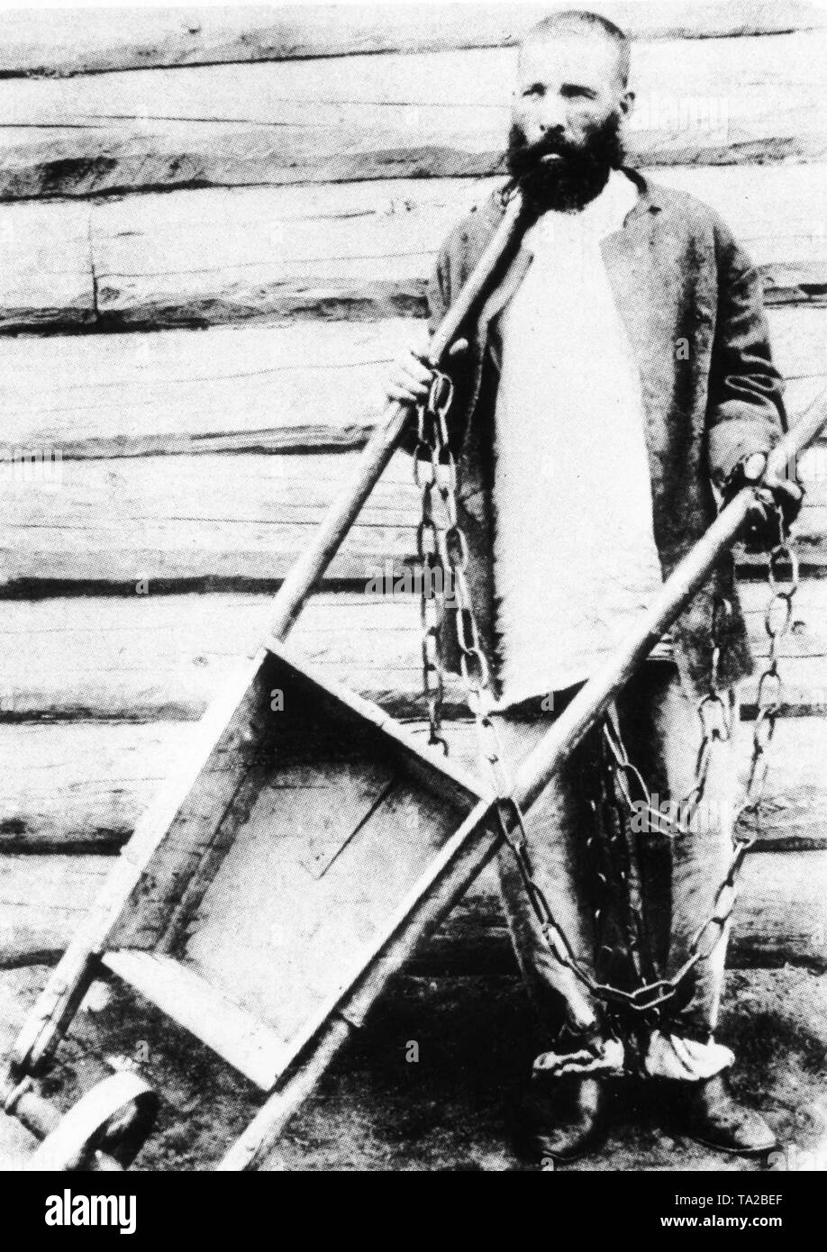 Überführen, die in einem Lager in Sibirien auf Sachalin Insel verbannt wurde, mit geschmiedeten Ketten und eine Schubkarre. Foto von Anton Tschechow genommen Stockfoto