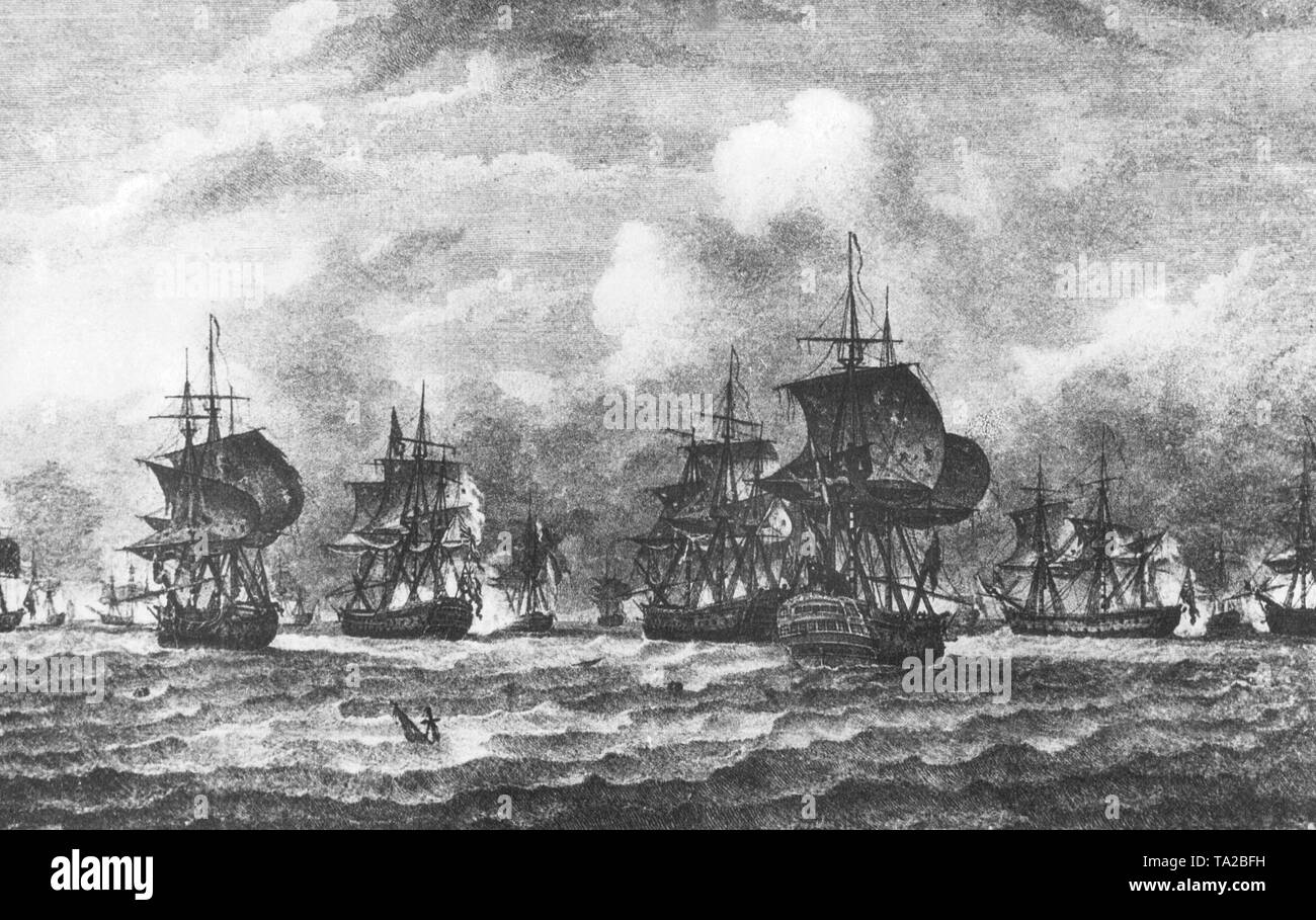 Die Radierung zeigt die Schlacht zwischen der englischen und der spanischen Flotte am Kap St. Vincent vor der südlichen Küste von Spanien am 16/01/1780. Durch den Sieg der Engländer Gibraltar, das war der durch die Spanische und Französische, bleibt für England belagert. Stockfoto