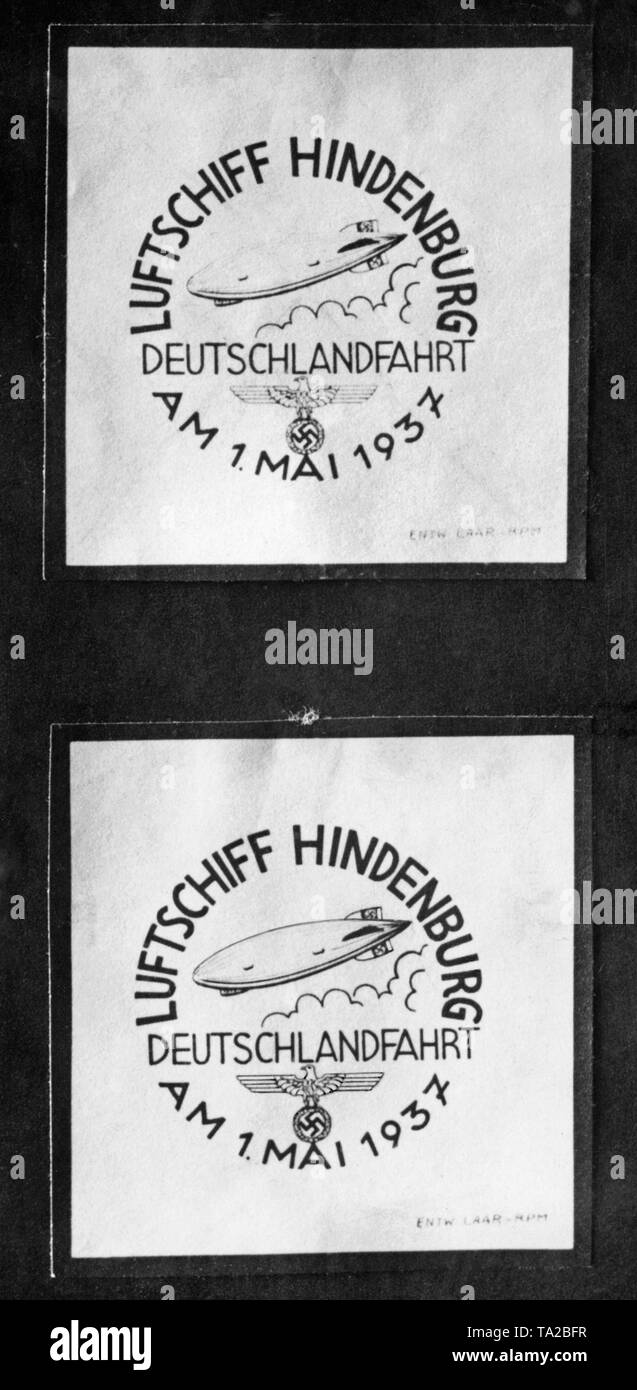 Auf der 'Nationalfeiertag' Mai 1, 1937, Briefe und Postkarten einen Flug von Hindenburg gesendet werden. Diese erhielt dieser Sondermarke. Der Flug von Hindenburg erreicht Berlin von Frankfurt am Main und zurück. Stockfoto