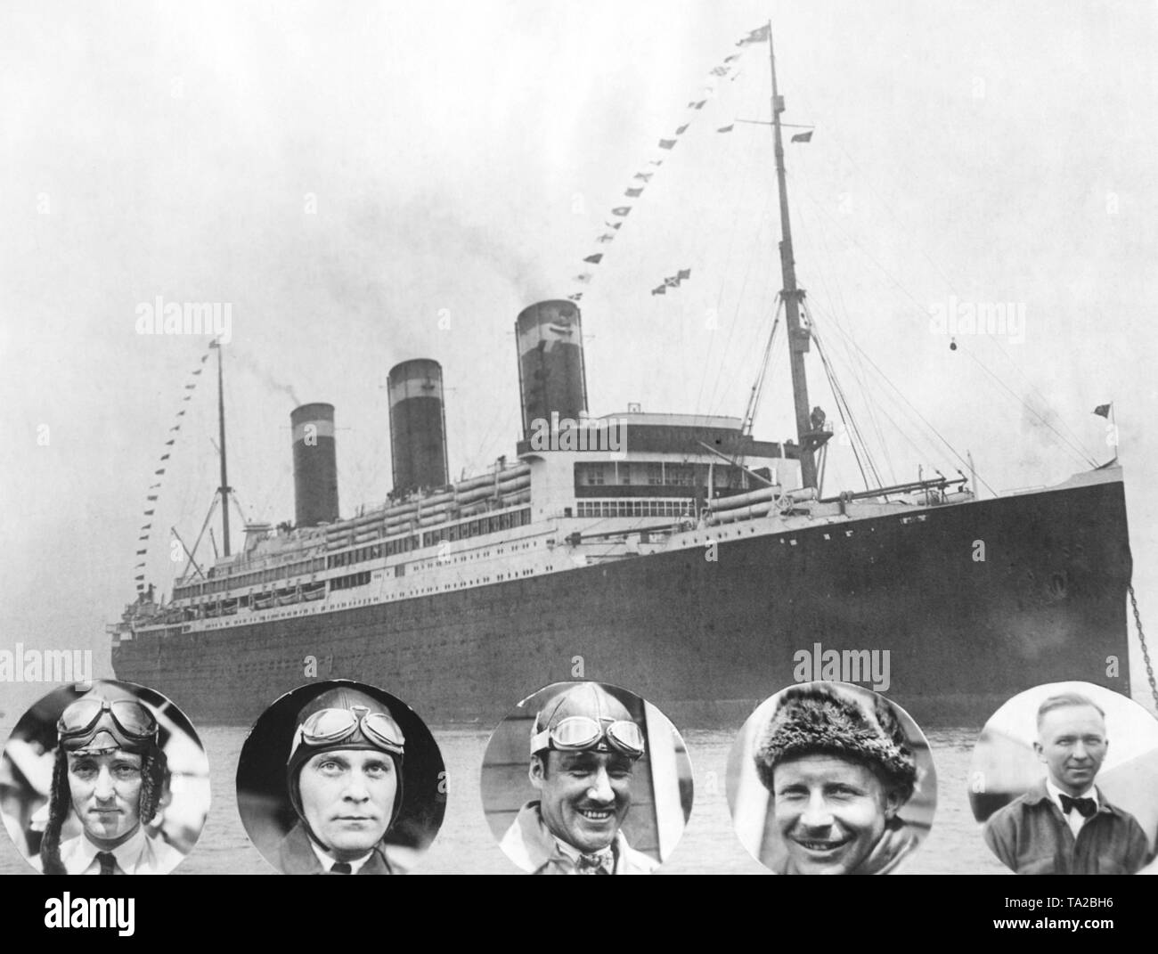 1927 Das amerikanische Passagierschiff "Leviathan" fünf amerikanische Pioniere der Luftfahrt zurück in die Vereinigten Staaten. Von links: Kommandant Richard Evelyn Byrd, Leutnant George O. Noville, Bert Acosta, Bert Balchen und Clarence D. Chamberlin. Stockfoto