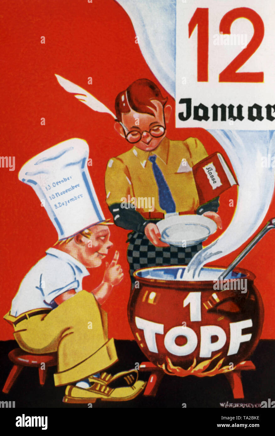 Eine Propaganda Postkarte, ist Werbung der Eintopf zugunsten der Winter Relief. Sind die Sonntage der Winter 1935/36, auf dem eine "eintopfsonntag" sollte stattfinden. Stockfoto