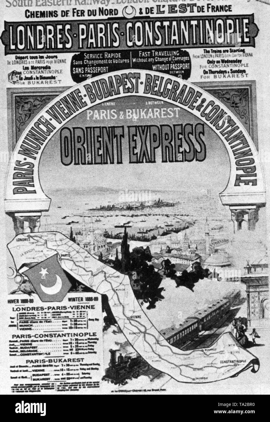 Ein französisches Werbeplakat für den legendären Orient Express, der zwischen Paris und Konstantinopel, von 1888 an lief. Stockfoto