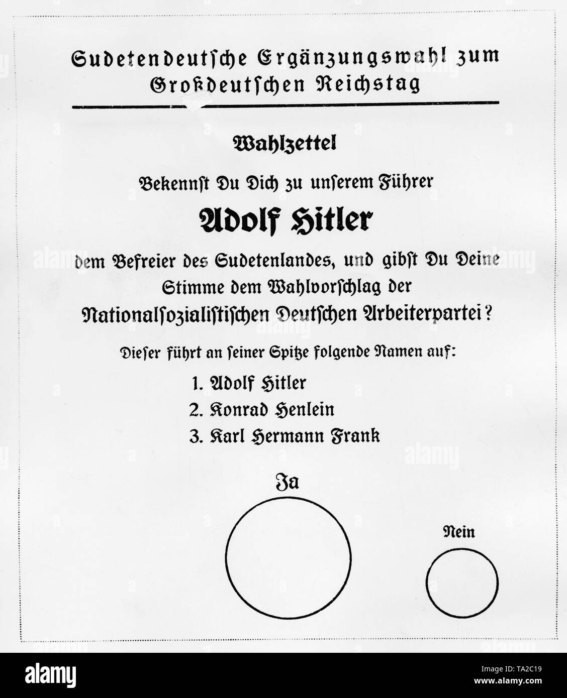 Abstimmung der Volksabstimmung am 4. Dezember 1938 statt. Bei den Wahlen, Abstimmungen werden Besetzung über die Annexion des Sudetenlandes an das Deutsche Reich. Stockfoto