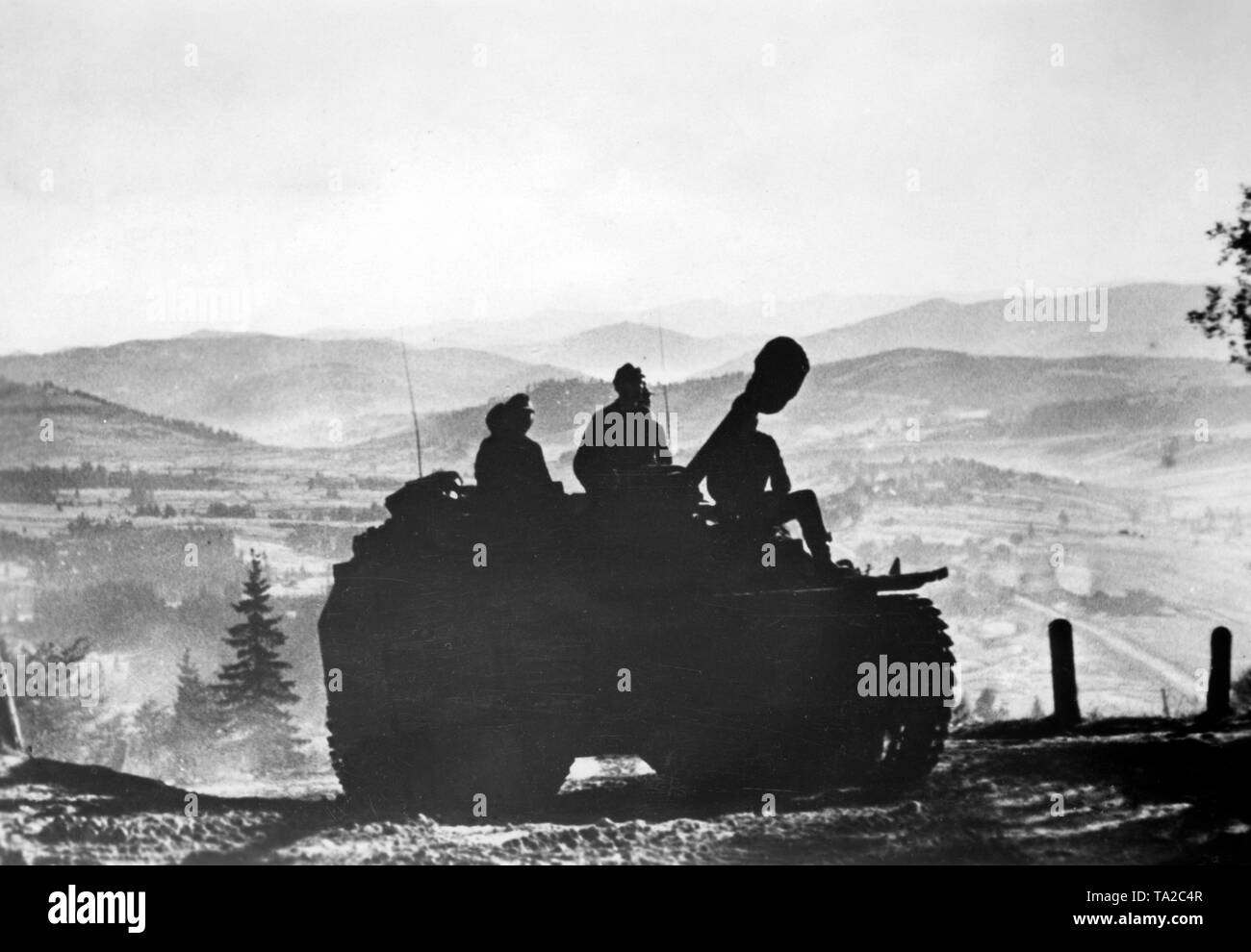 Eine deutsche Jagdpanzer (Jagd Tank) Rollen auf eine schmale, unbefestigte Straße in den Karpaten. Foto der Propaganda Firma (PK): kriegsberichterstatter Springmann. Stockfoto