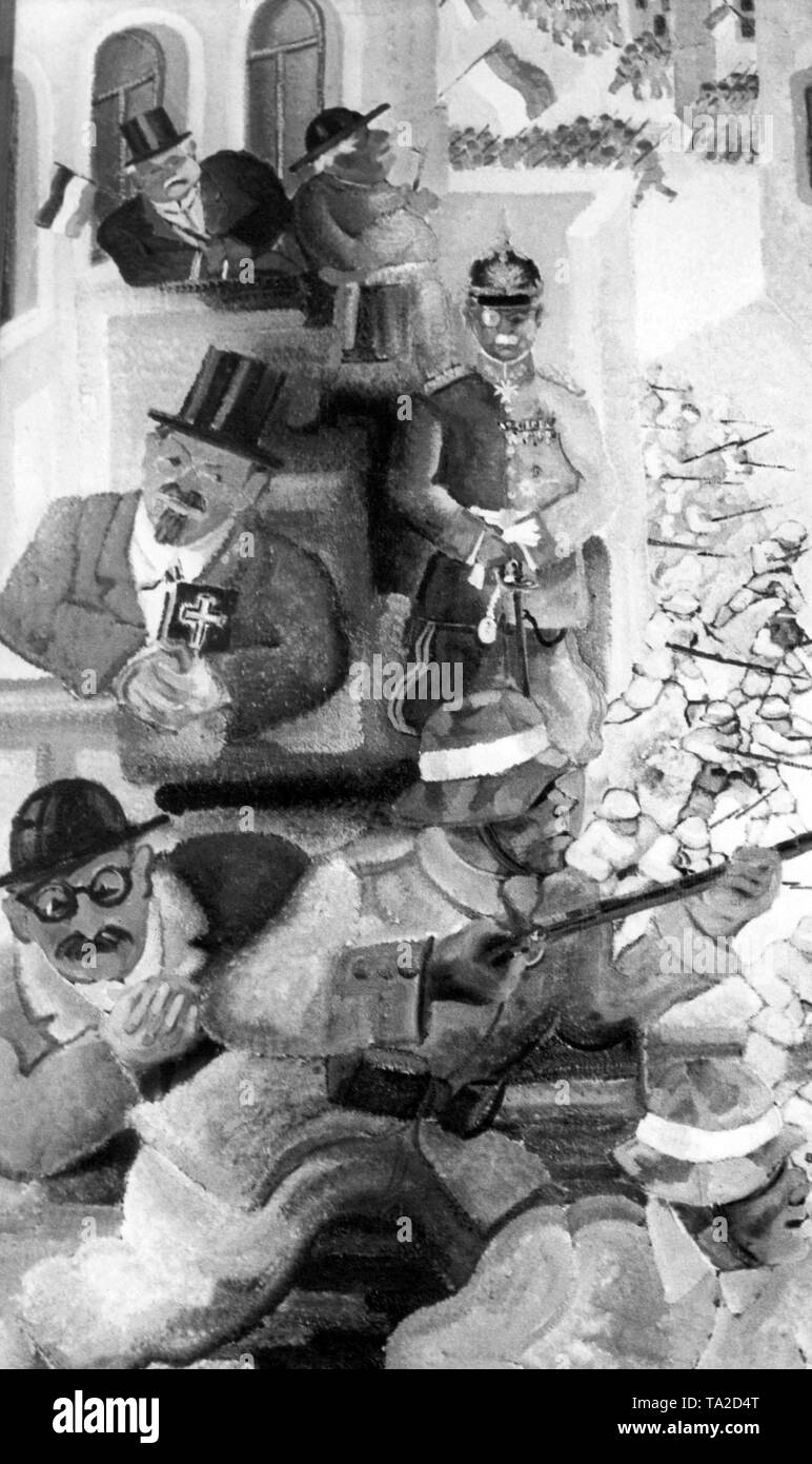 Dieses Gemälde, die die Schießerei der Polizei Commander und Stadt Kommandant der Roten Armee München zeigt zur Zeit der sowjetischen Republik, Rudolf Egelhofer, wurde 1933 von Heinrich Ehmsen im Exil in Moskau Malte aus dem Speicher. Wenn es in der Ausstellung 'München 1920' im Stadtmuseum, öffentliche Proteste und Auseinandersetzungen (Undatiertes Foto). Stockfoto