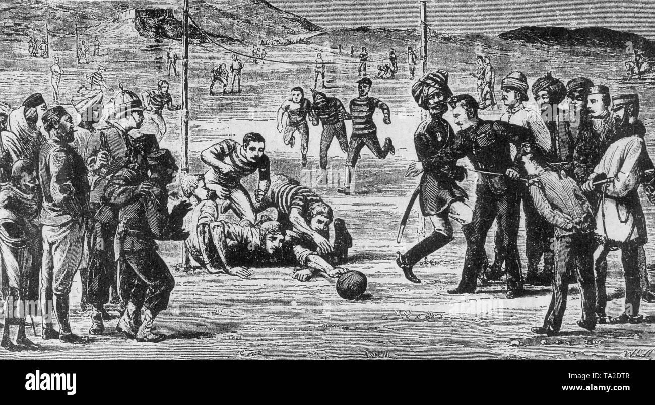 Szene aus einem Fußballspiel im Viktorianischen Indien im 19. Jahrhundert Stockfoto