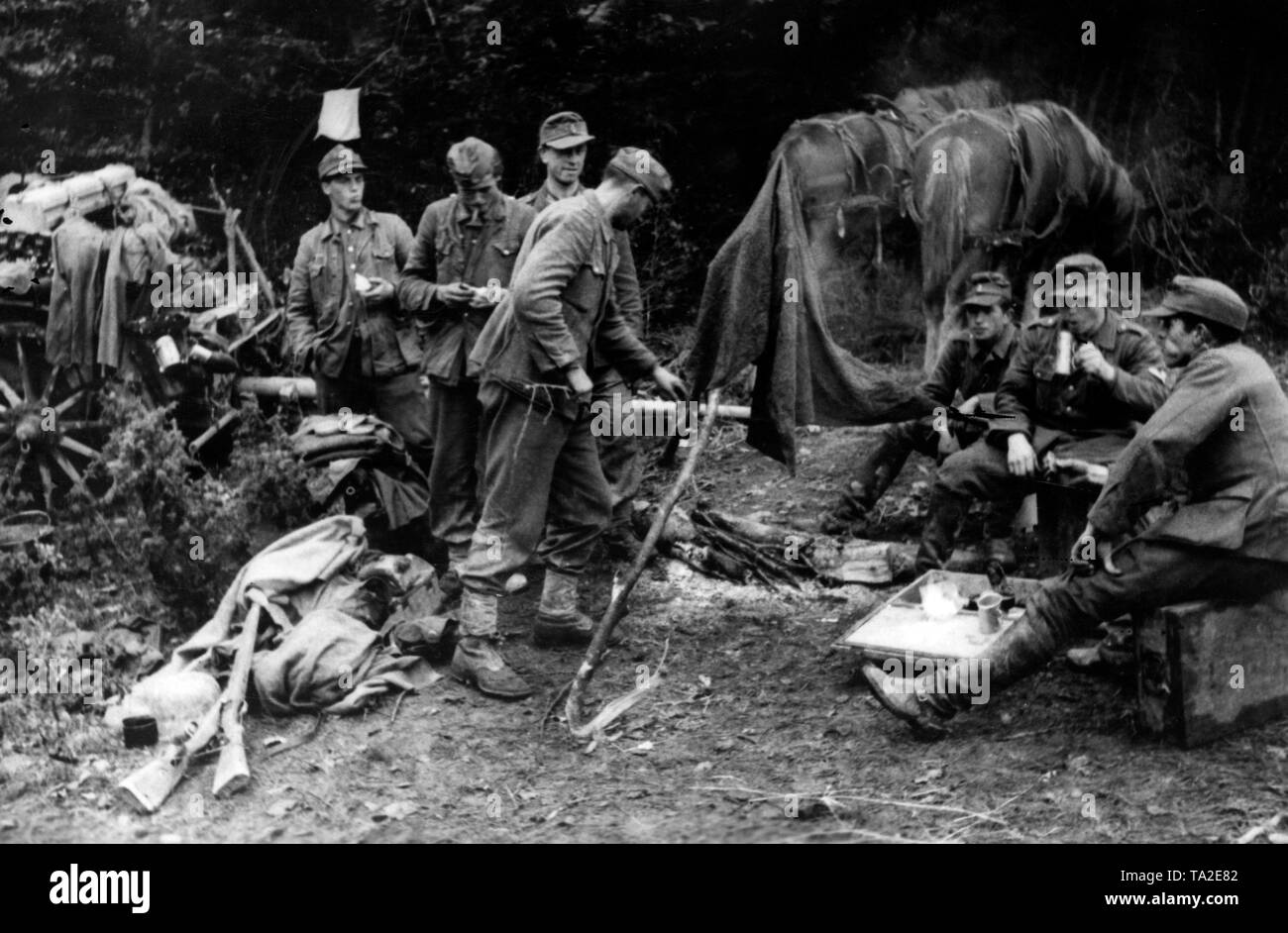 Deutsche Soldaten haben einen Rest auf dem Weg in die Beskiden Front im Norden der Slowakei. Foto der Propaganda Firma (PK): Kriegsberichterstatter Knaack. Stockfoto