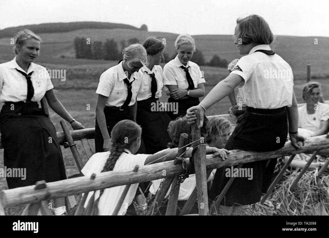 Mitglieder des BDM, die verbringen ihre Landdienst in Ostpreußen (heute Polen), mit einer Kutsche auf dem Erntefeld. Stockfoto
