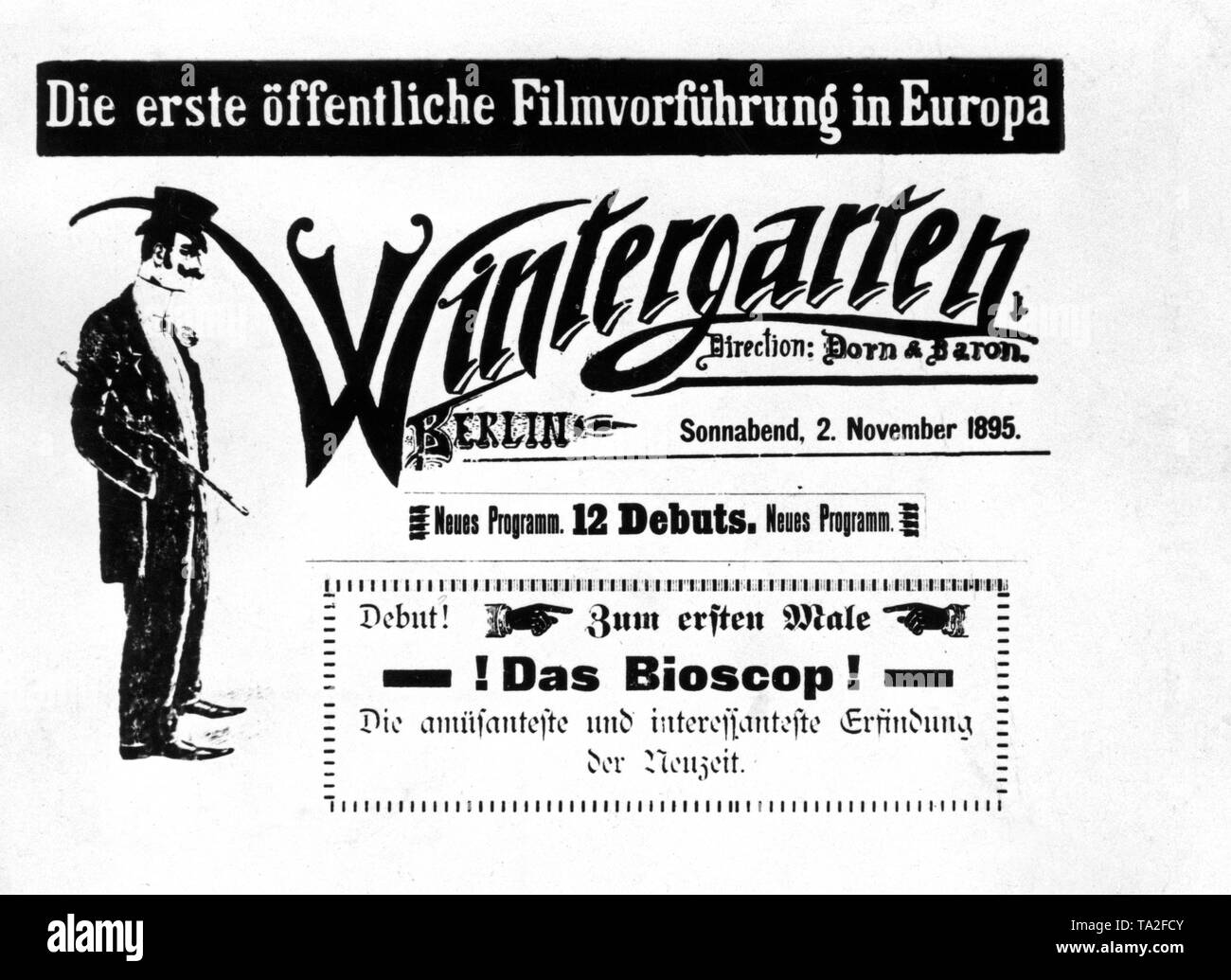 Ankündigung der ersten öffentlichen Vorführung in Berlin Wintergarten. Ein bioscope wurde für diesen Zweck verwendet, ein Projektor von der Sladanowsky Brüder gemacht. Stockfoto