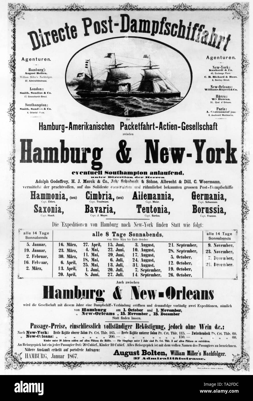 Ein Poster von die Hamburg-Amerikanische Packetfahrt-Actien-Gesellschaft (HAPAG), Kreuzungen wirbt von Hamburg nach New York Stockfoto