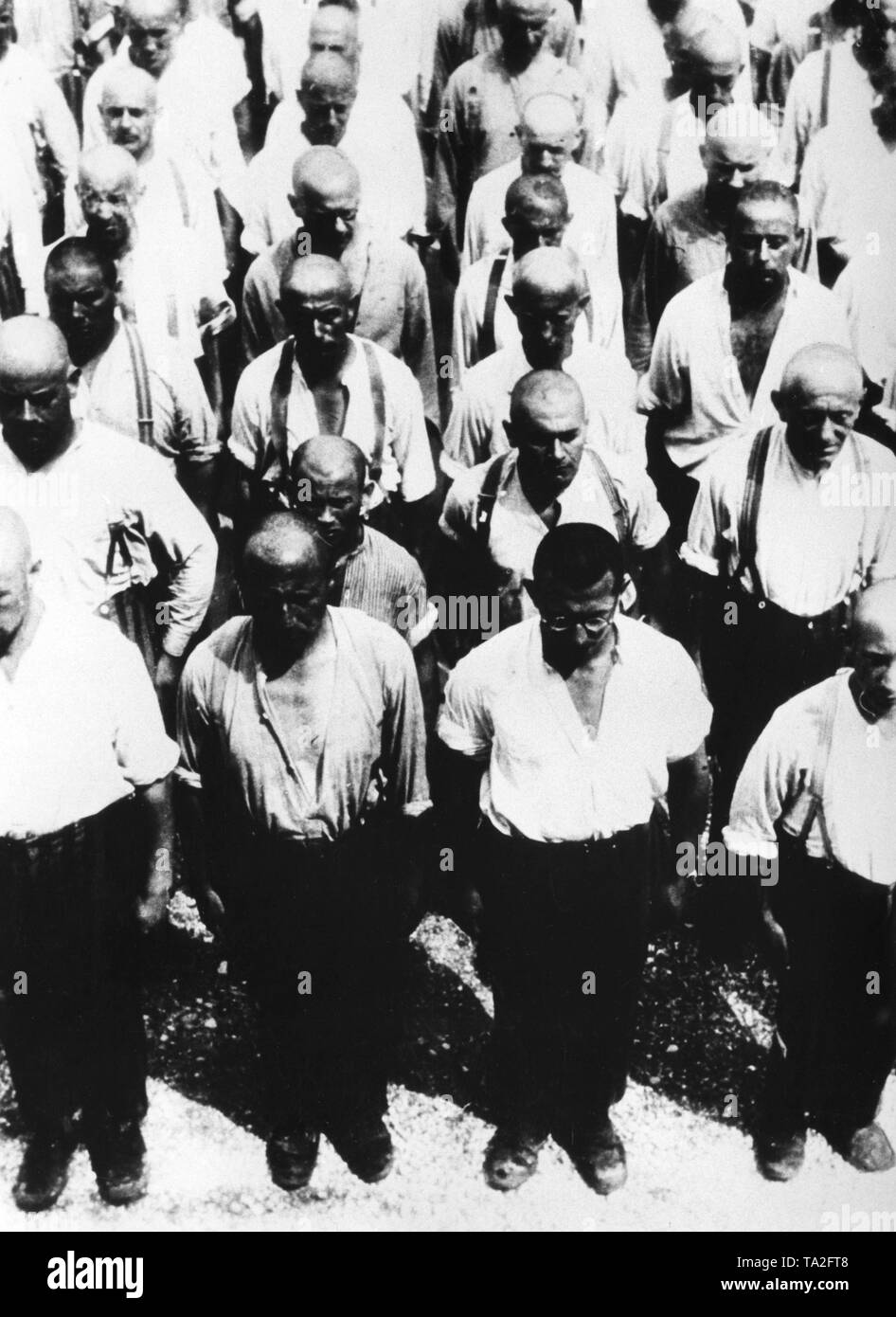 Die Gefangenen sind für roll call in das KZ Dachau gesammelt. Undatiertes Foto. Stockfoto