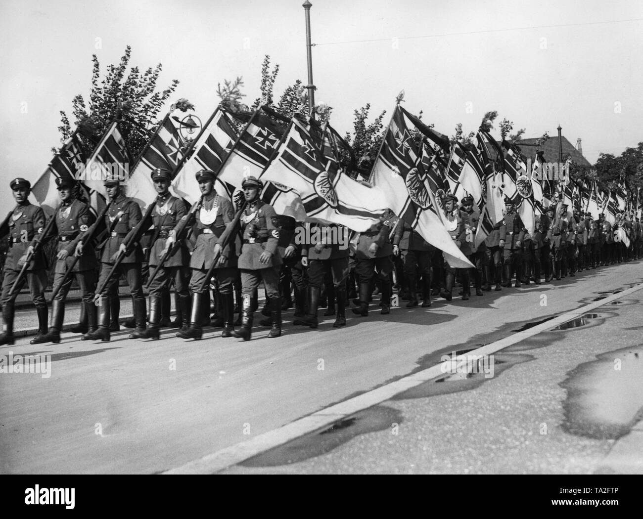 Am Muster der Reichsfuehrer der Stahlhelm, der flagbearers marschieren in das Stadion von Hannover. Hier, im Schlesischen Delegation. Stockfoto