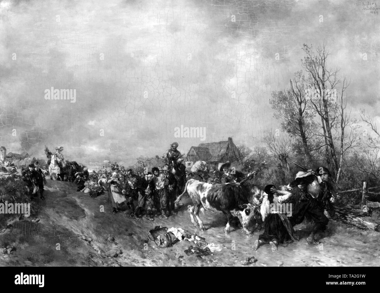 Plünderung eines Dorfes von schwedischen Soldaten. Gemälde von Wilhelm Diez, 1899. Stockfoto