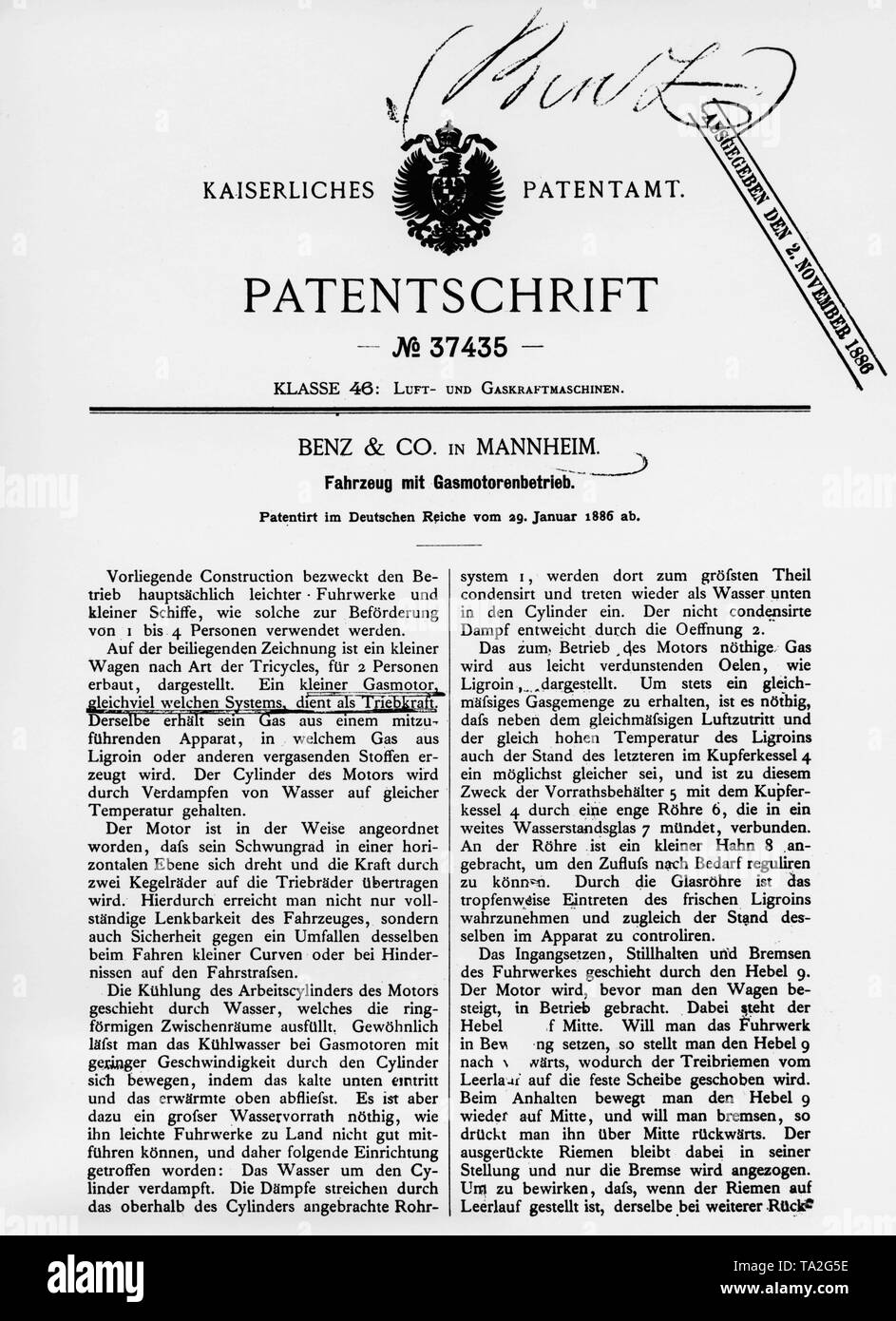 Das Patent für ein Fahrzeug mit Gasmotor, an Carl Benz am 29. Januar 1886 ausgestellt. Stockfoto