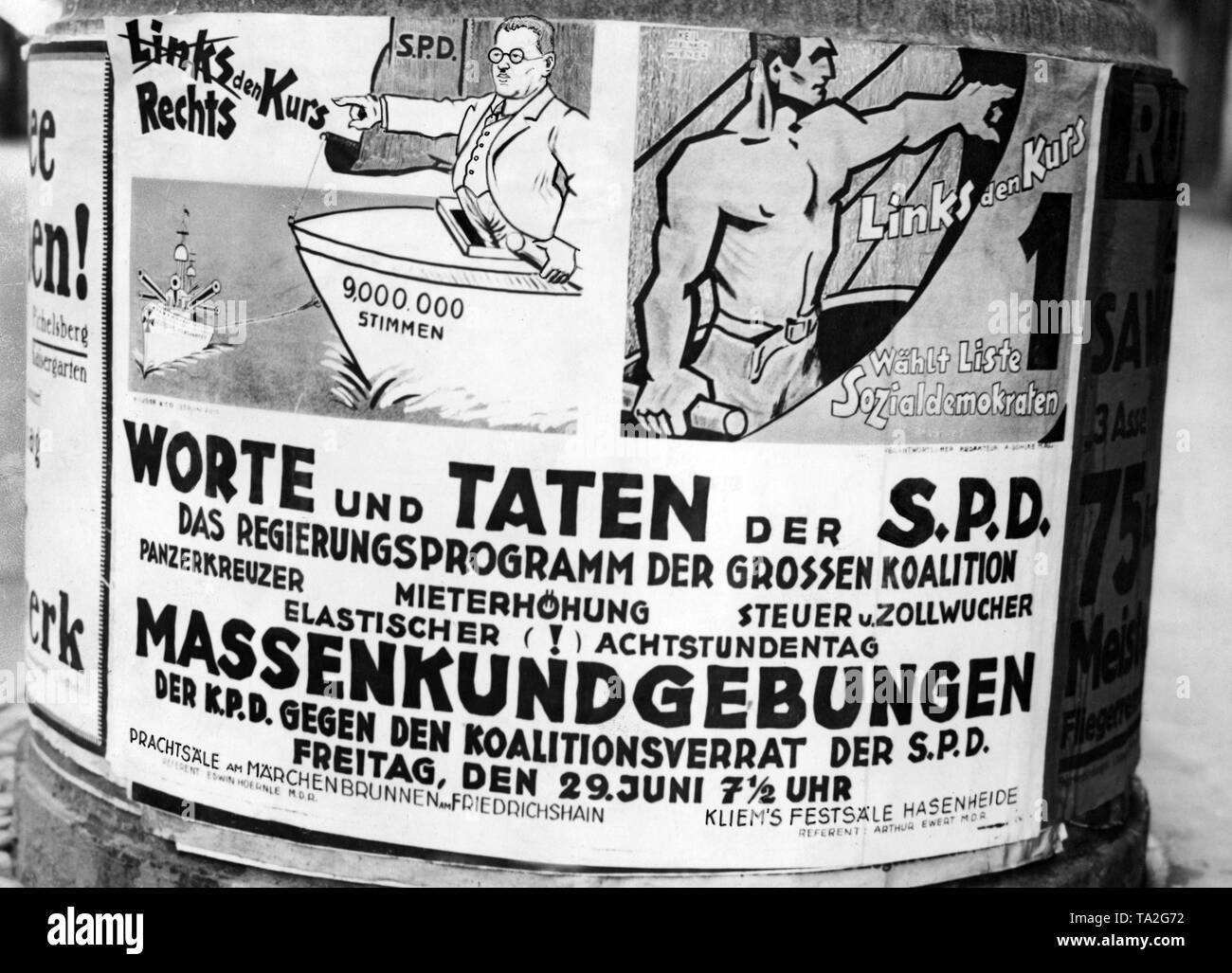 Mit dieser Wahlplakate der KPD wirbt die Massendemonstrationen gegen das Verhalten der SPD in der Armored cruiser Affäre und wirft sie auf Ändern der Politik und der Koalition Verrat. Die gepanzerten Kreuzer der Kriegsmarine, die den Bau von drei Schlachtschiffe vorgesehen, führte zu heftigen Angriffen der kommunistischen Partei gegen die SPD, weil sie ihre Reichstag Wahlkampf mit dem Slogan "Kein Cruiser" geführt hatte, dann aber, als der Bau genehmigt. Es war eine politische Farce, die schwere Schäden an den Ruf der SPD zugefügt. Stockfoto