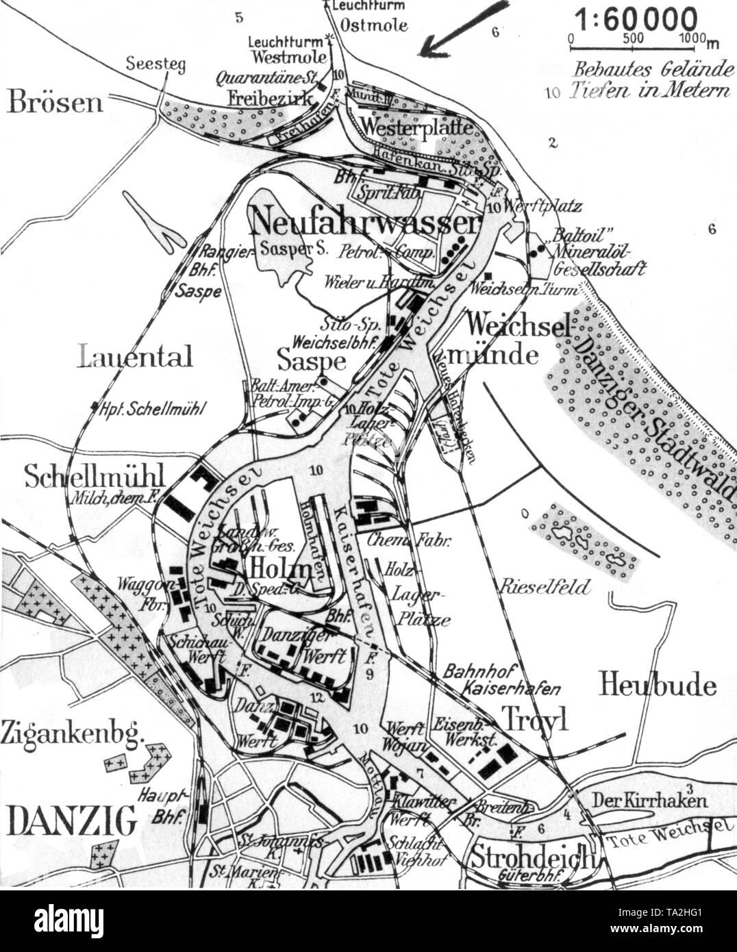 Dieses Foto zeigt eine Karte von Danzig aus dem Jahr 1930. Stockfoto
