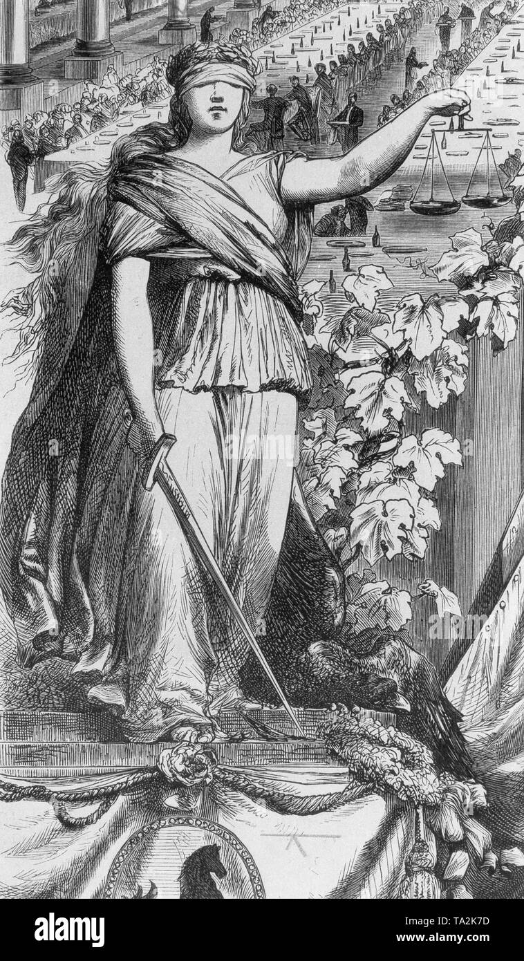 Darstellung der Dame Justiz mit Schwert, Waagen und Augenbinde Stockfoto