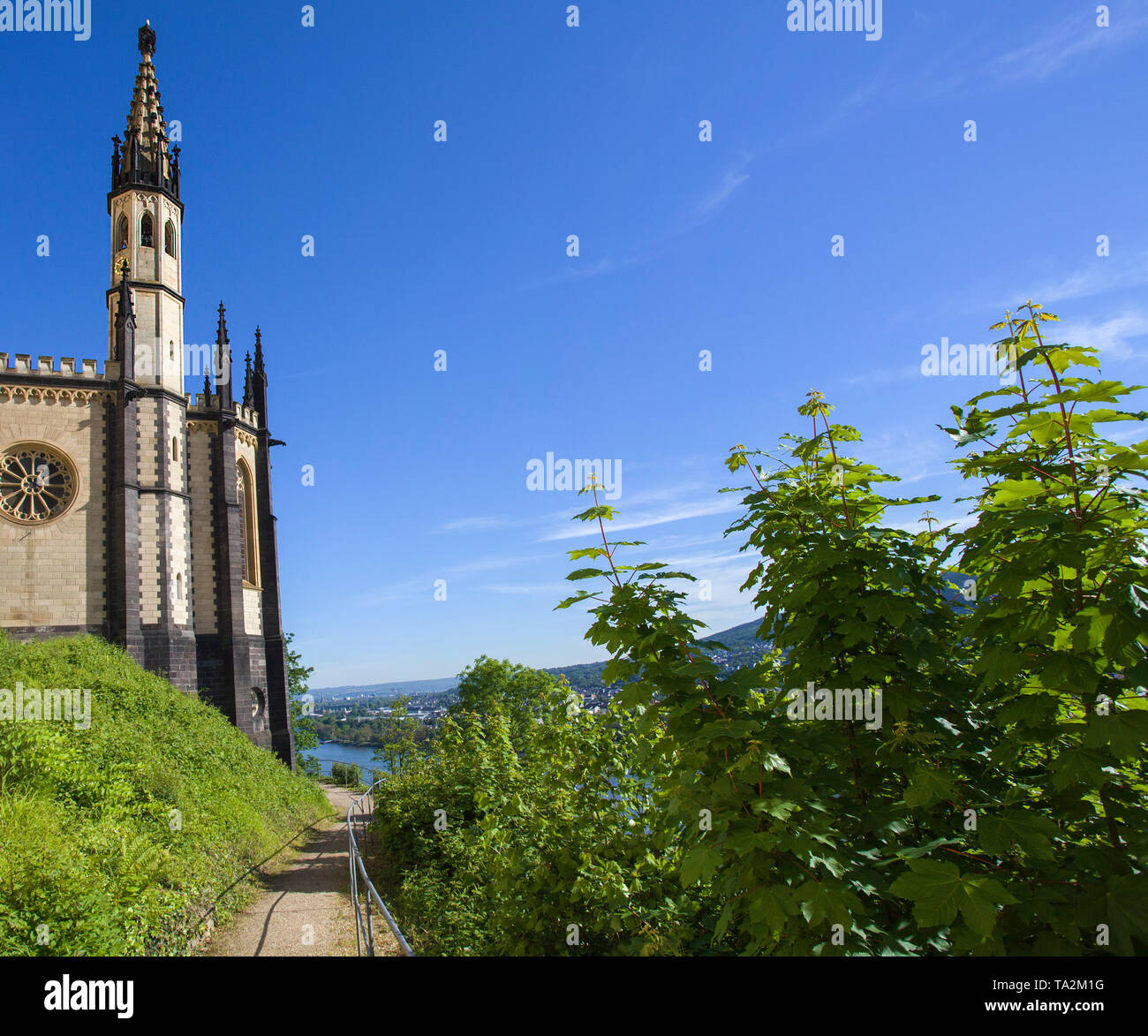 Teilweise mit Blick auf die Burg Stolzenfels, Burgkapelle, Koblenz, Unesco Welterbe Oberes Mittelrheintal, Rheinland-Pfalz, Deutschland Stockfoto