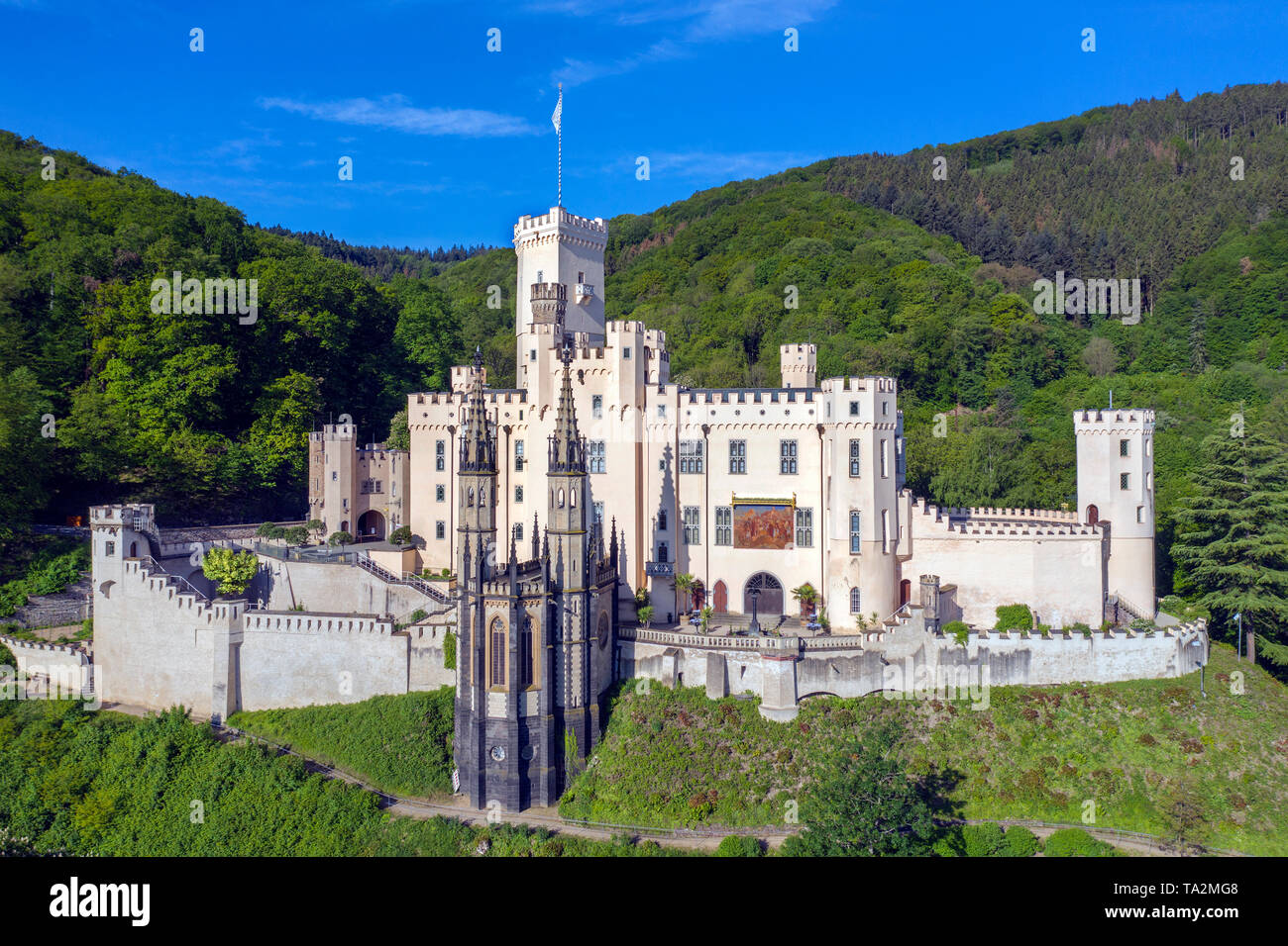 Schloss Stolzenfels, Gothic Revival Palast in der Stadt Koblenz, Unesco Welterbe Oberes Mittelrheintal, Rheinland-Pfalz, Deutschland Stockfoto