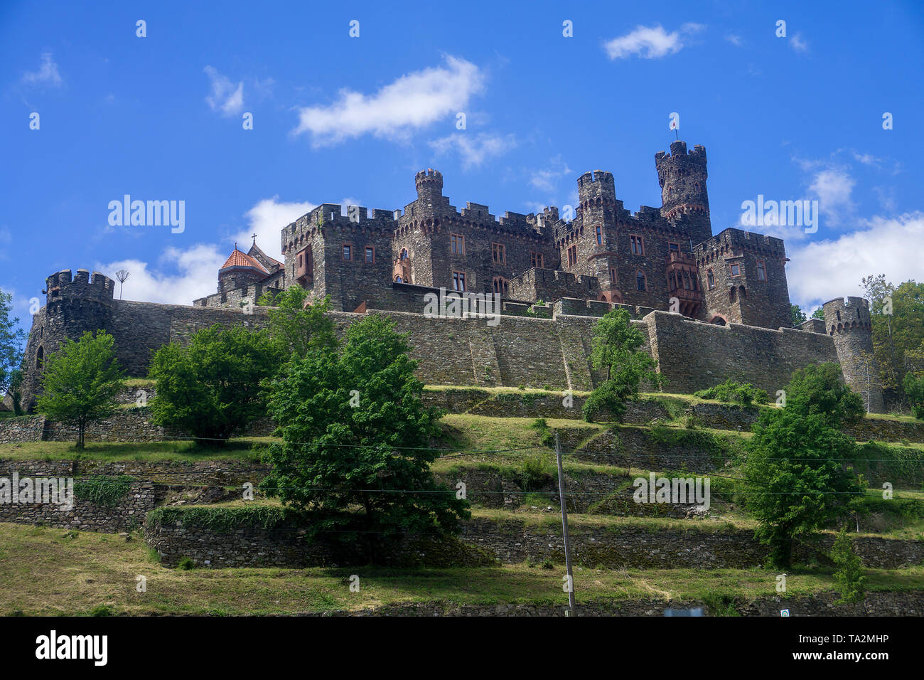 Burg Reichenstein bei Trechtingshausen, Unesco Welterbe Oberes Mittelrheintal, Rheinland-Pfalz, Deutschland Stockfoto
