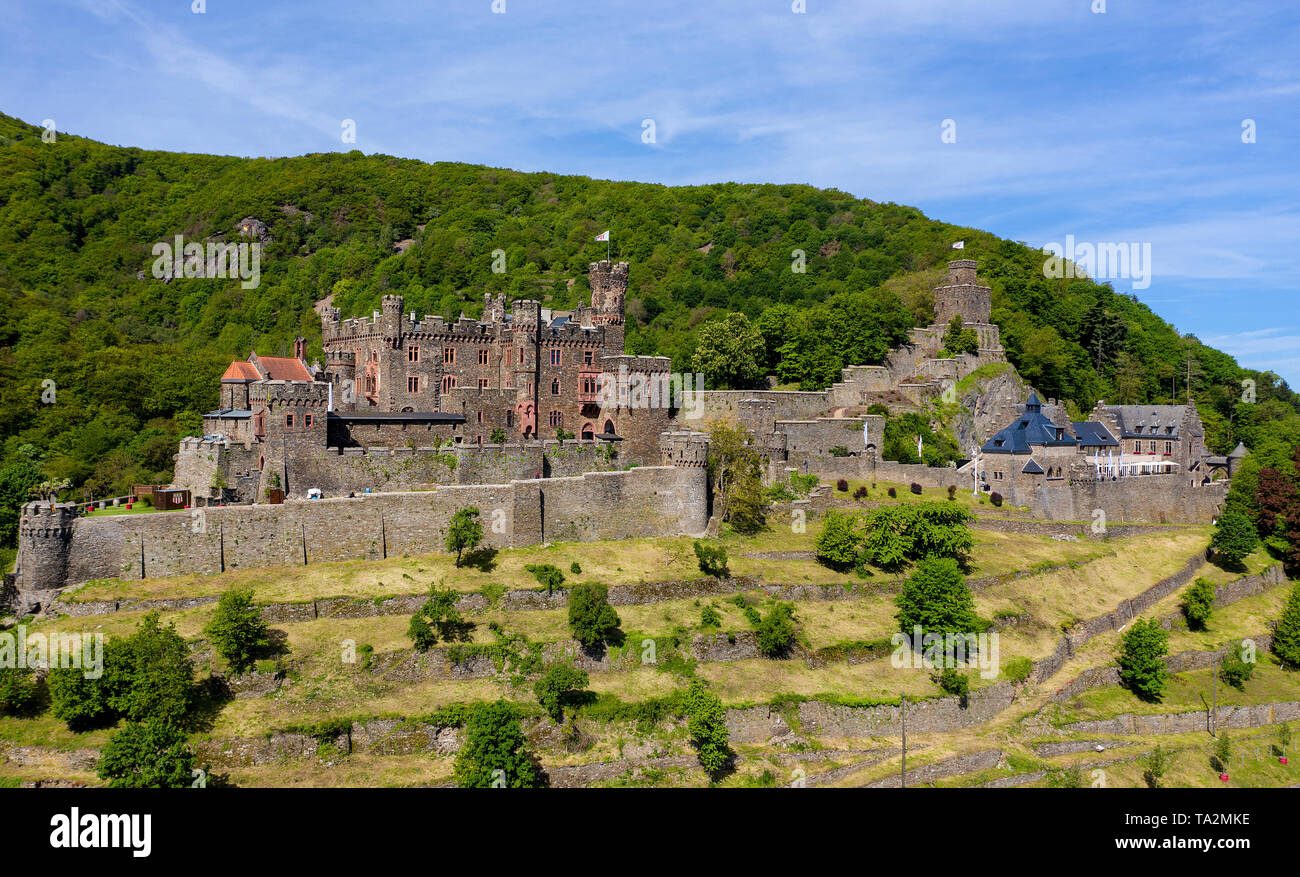 Burg Reichenstein bei Trechtingshausen, Unesco Welterbe Oberes Mittelrheintal, Rheinland-Pfalz, Deutschland Stockfoto