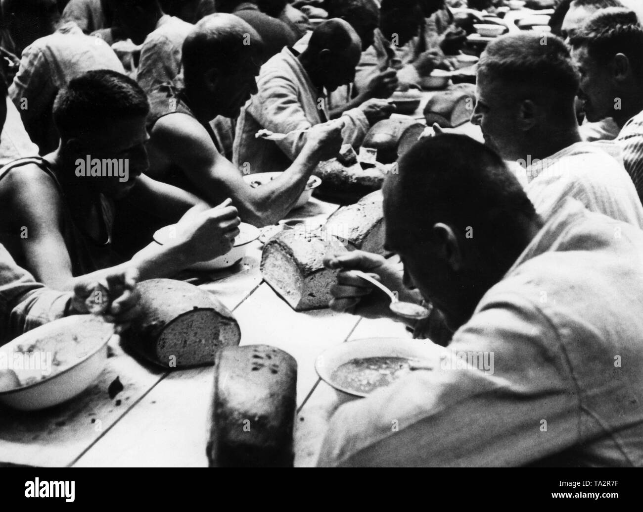Häftlinge im KZ Dachau beim Essen. Auf der Tabelle sind mehrere Brotsorten. Dieses Foto wurde, so wie viele andere, für Propagandazwecke des NS-Regimes. Stockfoto