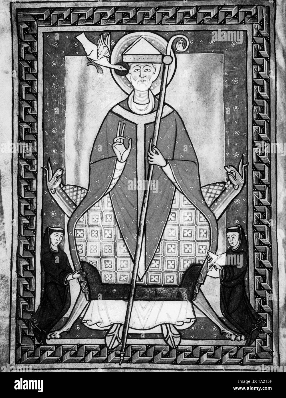 Eine Miniatur mit Papst Gregor VII. (real name Hildebrand, lebte von 1019-1085, Papst von 1073 bis 1085). Die Miniatur ist aus den Handschriften von Gregor VII. Stockfoto