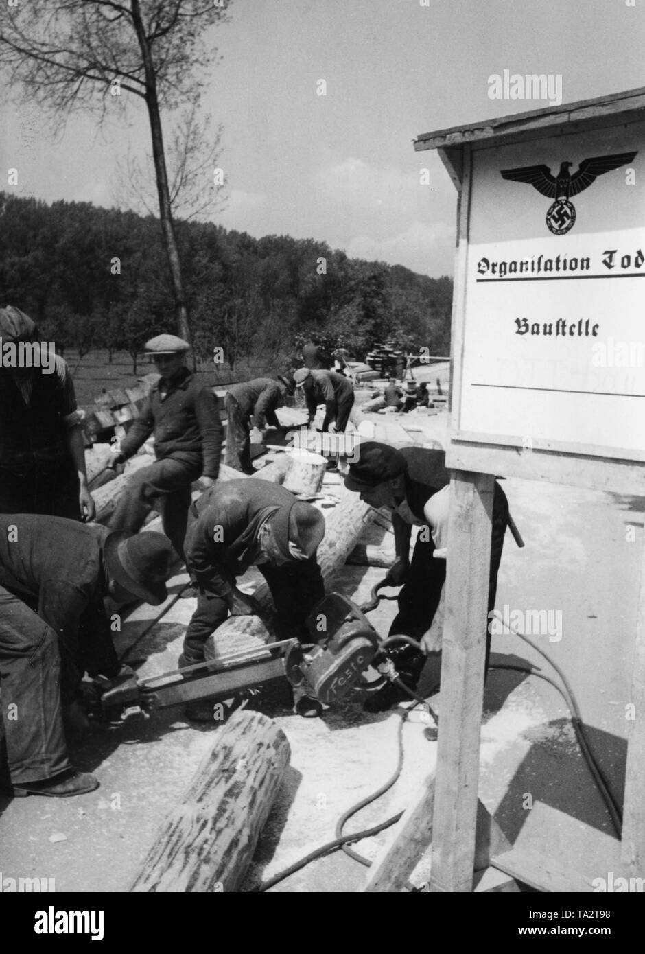 Ansicht der Arbeitnehmer von der Organisation Todt auf einer Baustelle im Kriegsgebiet. Sie sind Sägen Baumstämme mit einer elektrischen Säge von Festo. Stockfoto