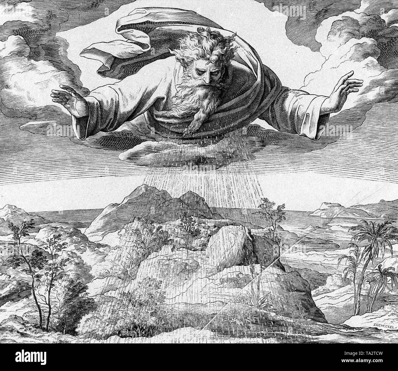 Der dritte Tag der Schöpfung. Gott erstellen Gräser, Kräuter und Bäume. Zeichnung von Julius Schnorr von Carolsfeld (1794-1872). Stockfoto