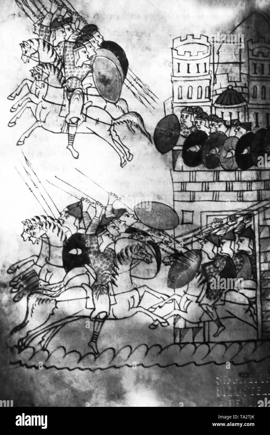 Die Miniatur zeigt die Belagerung einer Stadt aus der Zeit von Heinrich I., die er zwischen 875-936 AD gelebt und war ein Deutscher König zwischen 919-936 AD. Stockfoto