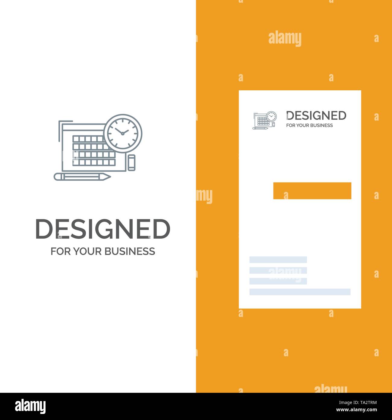 Zeit, Datei, Stift, Schwerpunkt Grau Logo Design und Business Card Template Stock Vektor